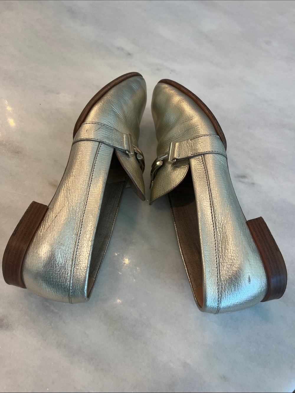 Tod's Silver Metallic Leather Bit Double T Loafers Women's Size 9.5 - Picture 8 of 11